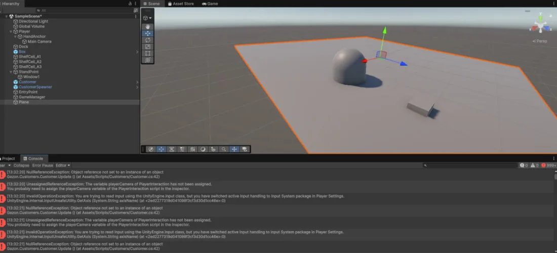 The developer's own Unity Editor session — real errors in the console